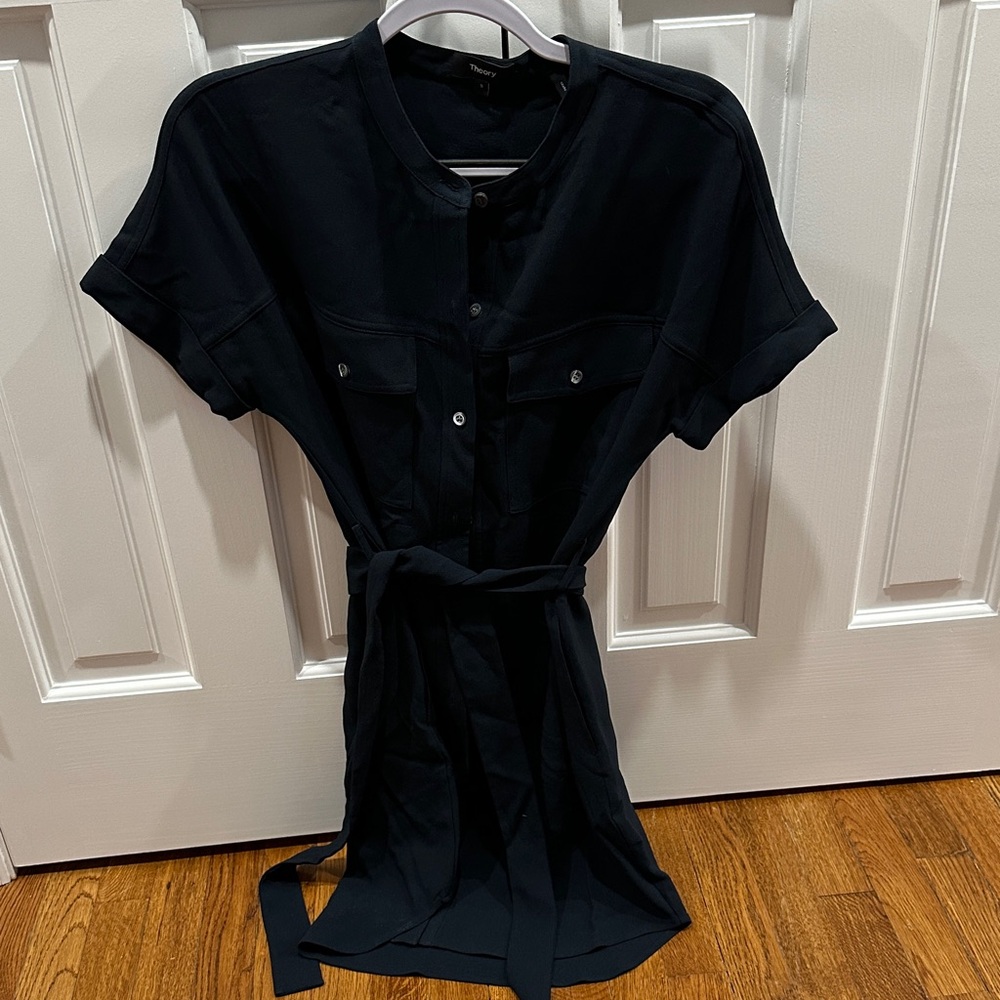 Theory Navy Belted Button-Down Dress
